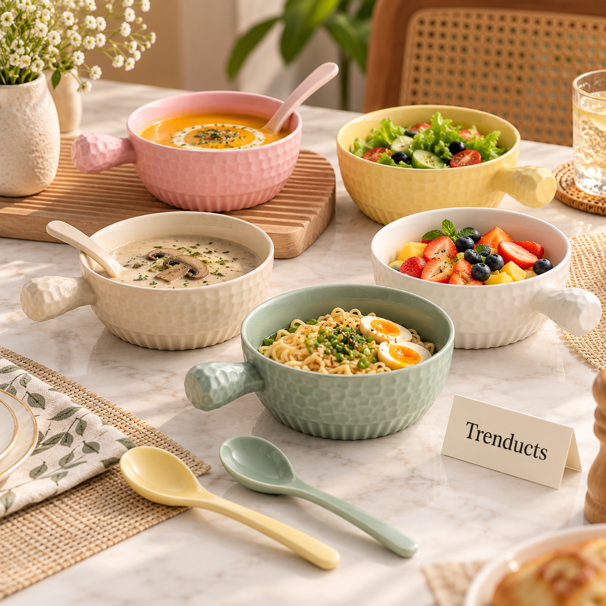Ceramic Soup Bowl with Handle and Spoon - Hammered Pastel (each)