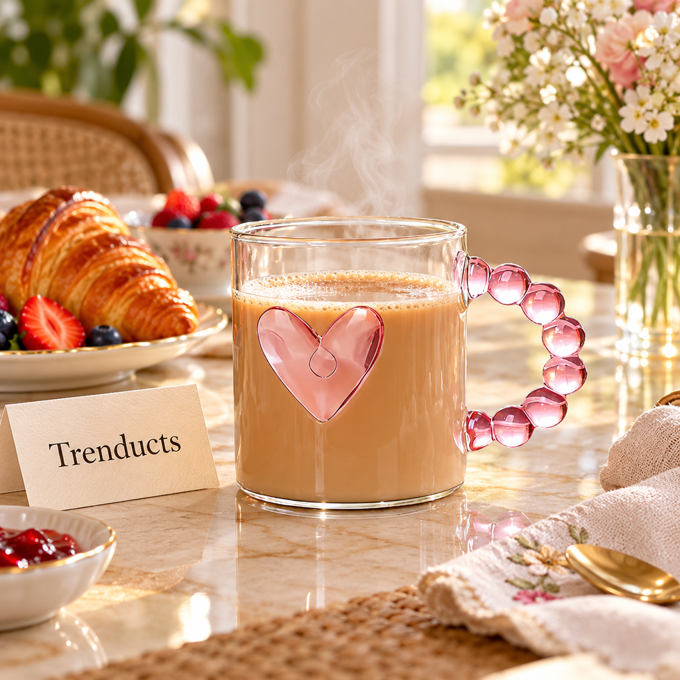 Heart Glass Mug with Pink Dot Bubble Handle - Aesthetic Cup