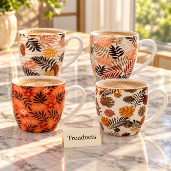 Leaf Print Ceramic Mug with hot coffee on a breakfast table | Trenducts