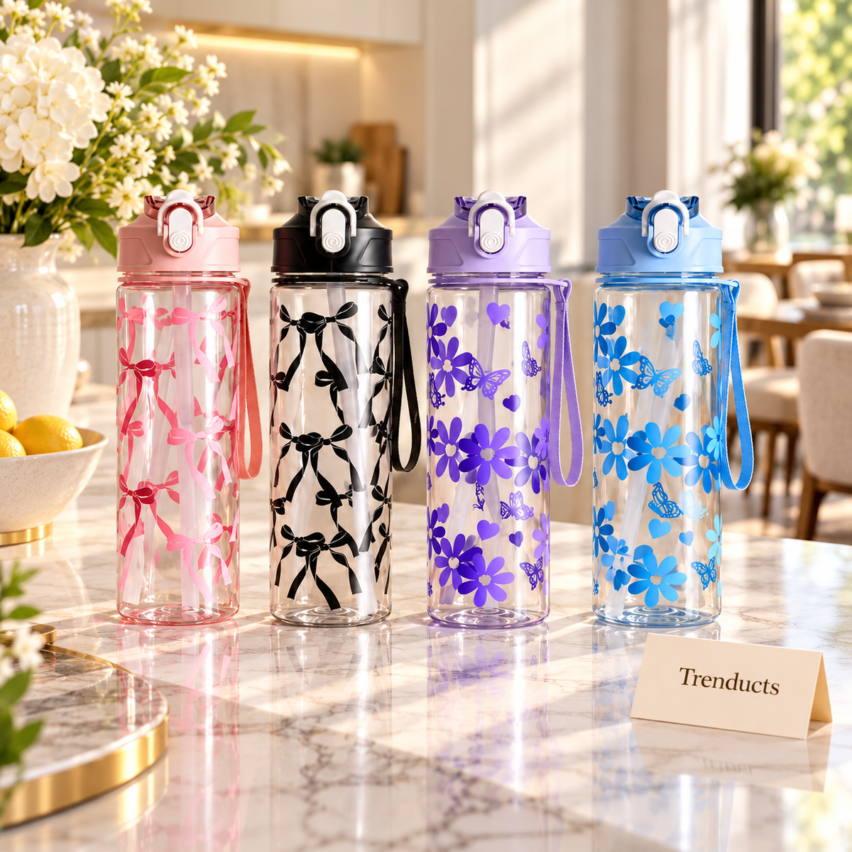800ml Straw Water Bottle - Clear with Bow and Floral Prints (Random)