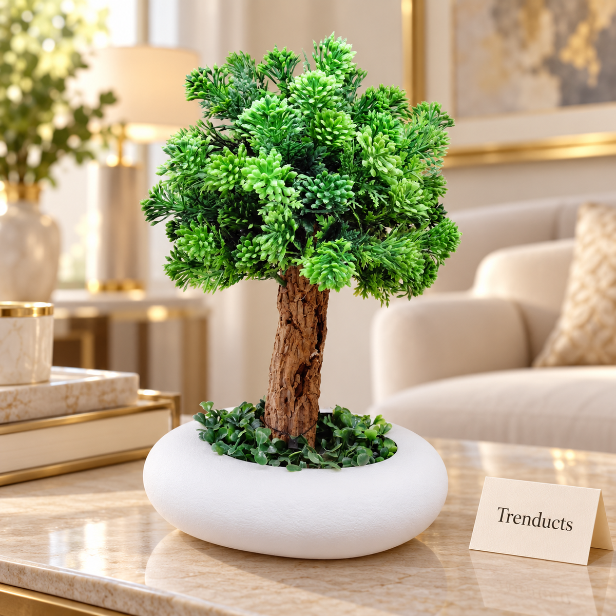 Artificial Bonsai Tree with Bark Trunk in White Round Pot