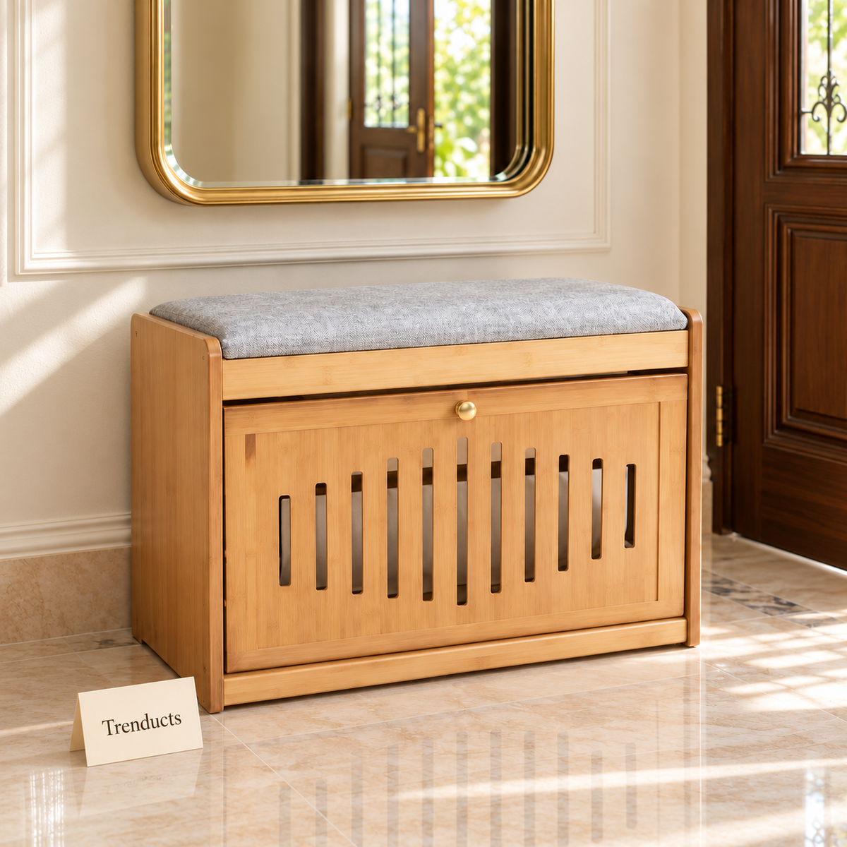 Bamboo Storage Bench - Slatted Door with Grey Cushion