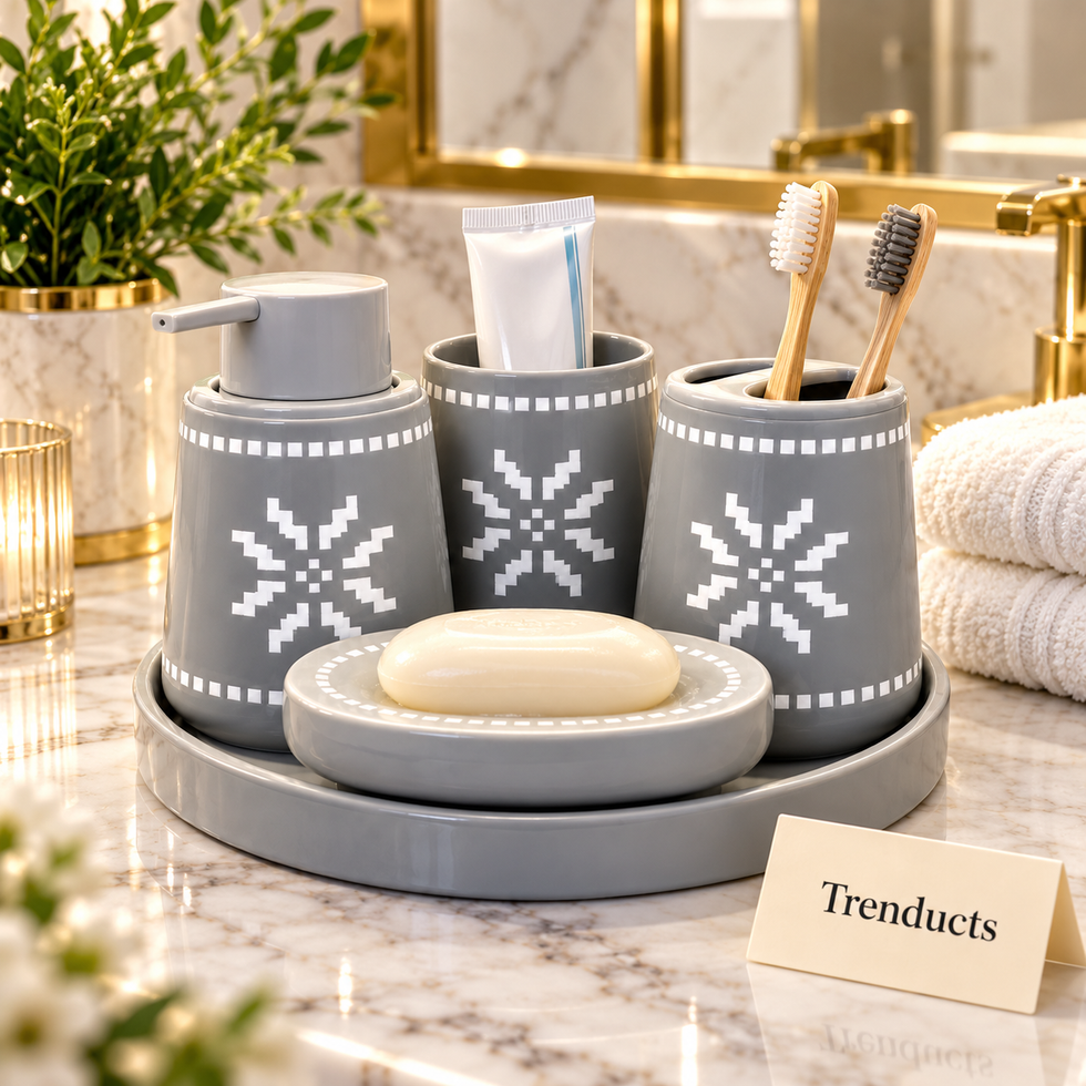 Brilliant 5 Piece Bathroom Set - Grey & White Stars