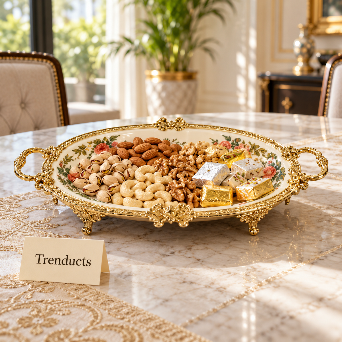 Brilliant Oblong Deep Tray - Pink Floral Gold Frame