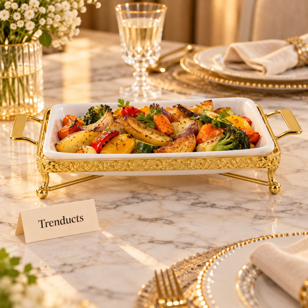 Brilliant 10″ Rectangular Plate - Ornate Gold Stand