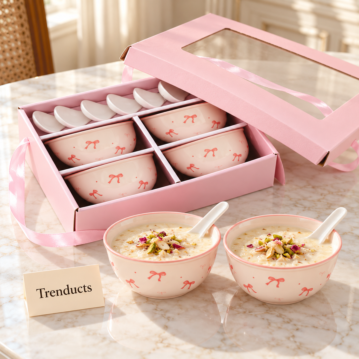 Bow Print Bowl Gift Set - 6 Bowls and 6 Spoons