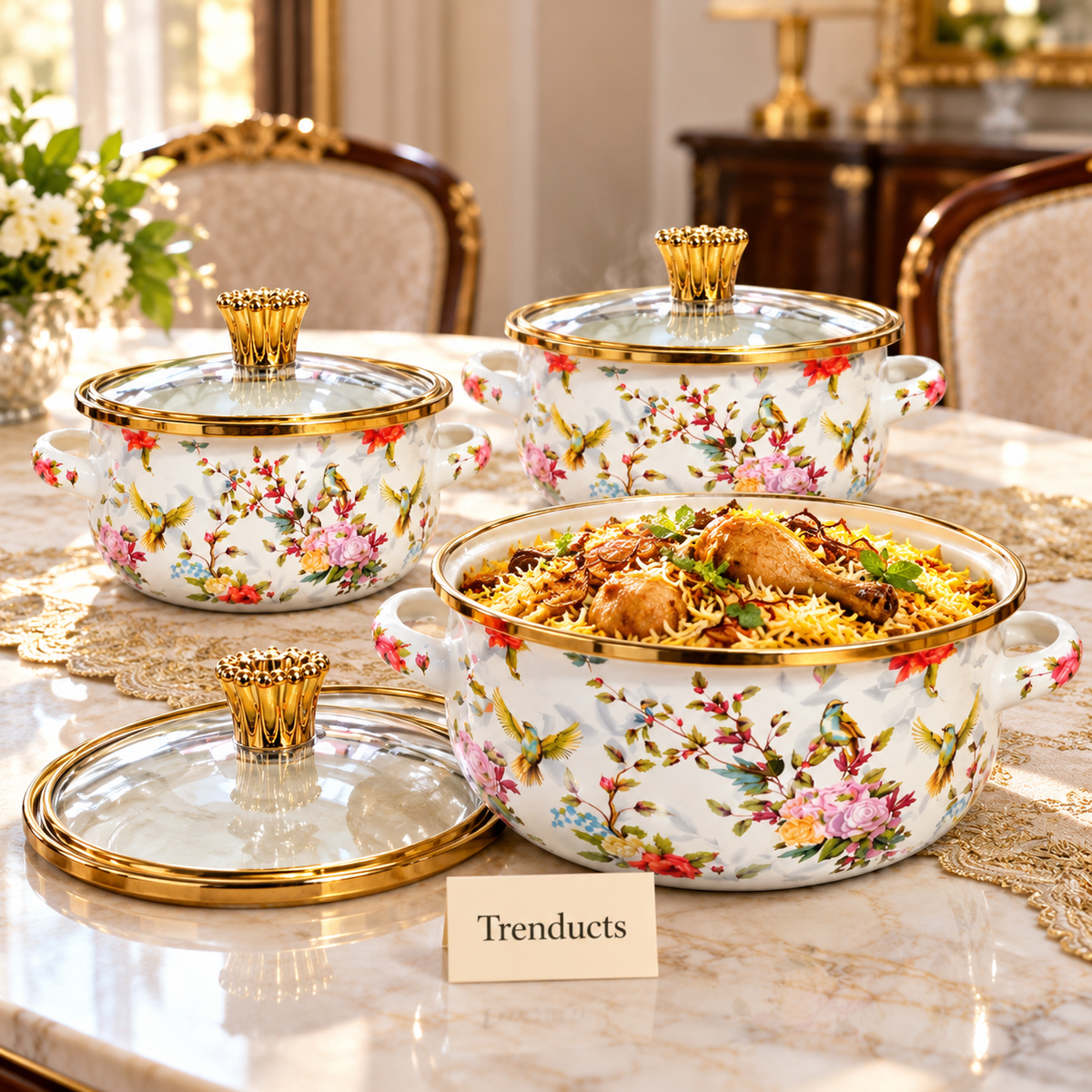Enamel Casserole Set 3 Pcs - Hummingbird Glass Lids