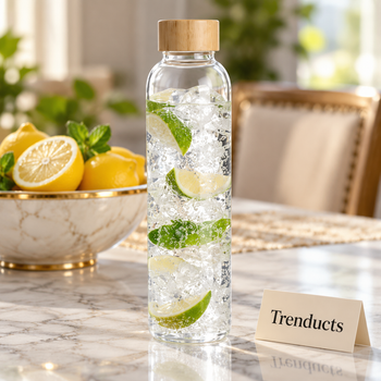 1 litre glass water bottle with lemon water on a dining table - Trenducts