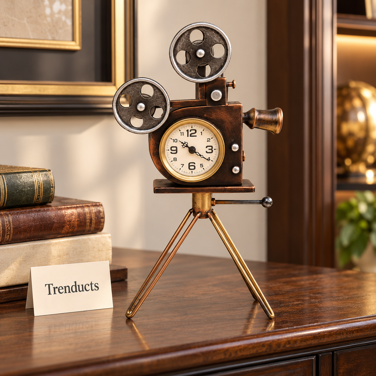 Vintage Camera Clock - Metal Film Camera on Gold Tripod