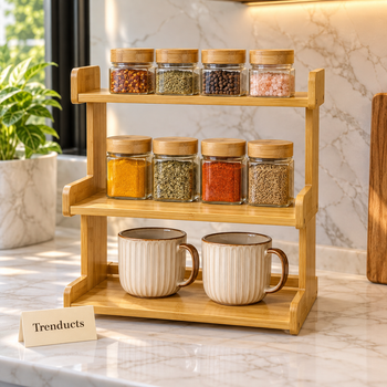 Wooden stand holding spice jars and mugs on a kitchen counter | Trenducts