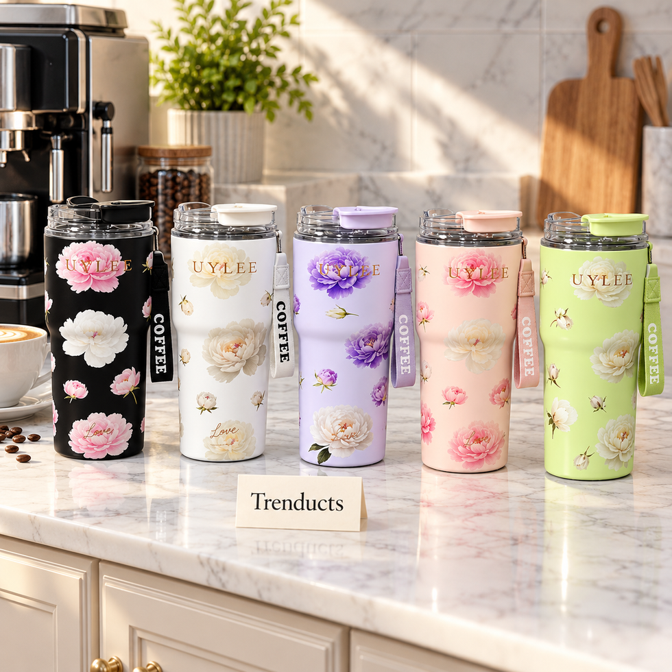 Flower Coffee Cup Sipper 500ml - Steel Tumbler with Straw