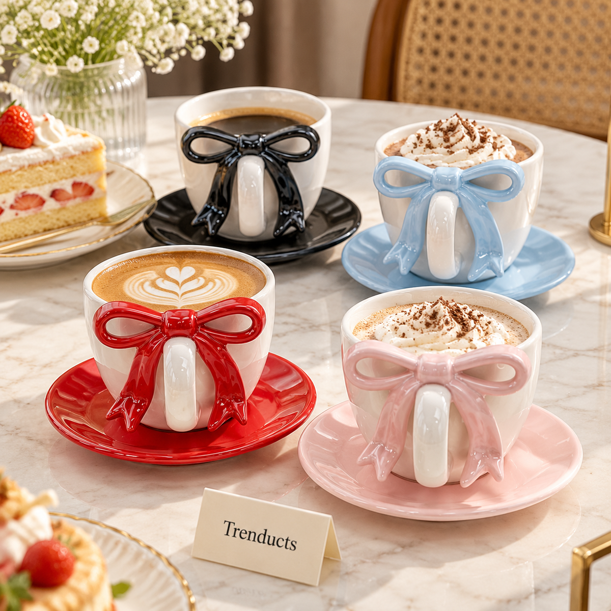 3D Bow Handle Ceramic Mug with Optional Saucer