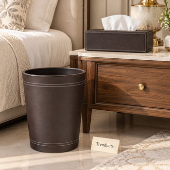 Chocolate Brown stitched tissue box dustbin in a bright bedroom - Trenducts