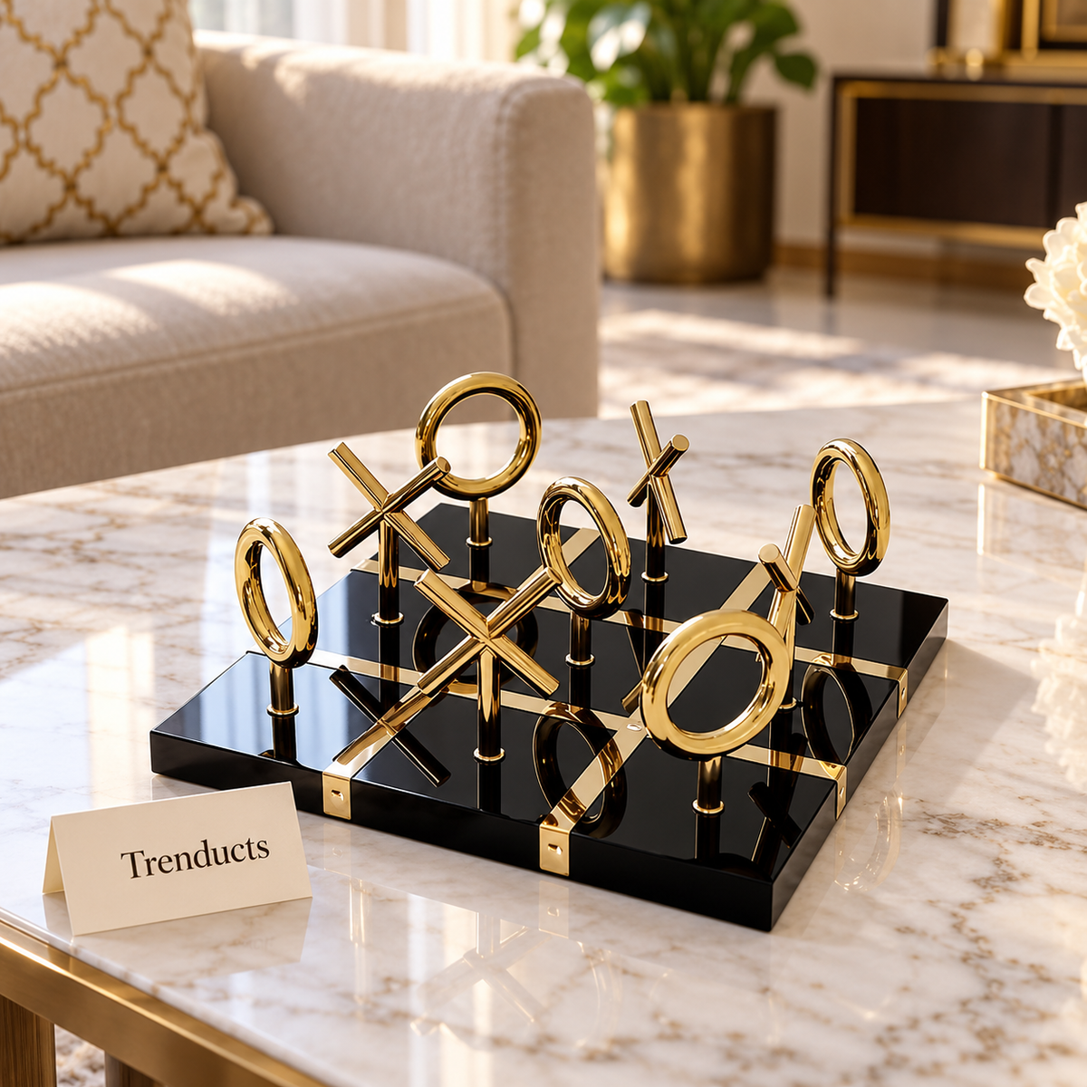 Tic Tac Toe Board - Decorative Set with Gold Metal Pieces