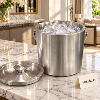 Stainless steel ice bucket filled with ice on a bar counter - Trenducts