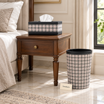 Cream pattern tissue box dustbin in a bright bedroom - Trenducts