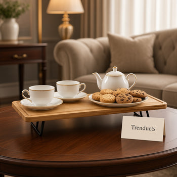 Wooden serving tray with snacks on a dining table | Trenducts