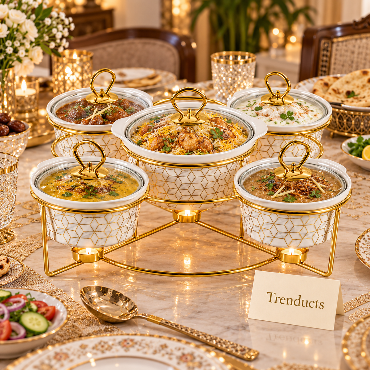 Brilliant 5 Piece Round Casserole Set with Gold Stand