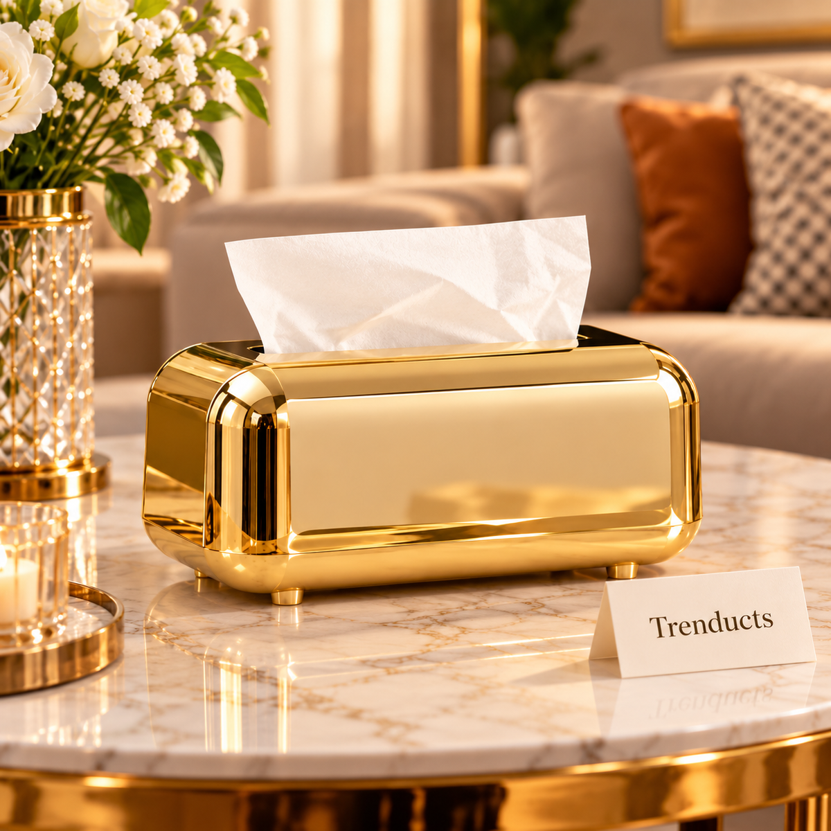 Premium Glossy Gold Tissue Box with Rounded Corners