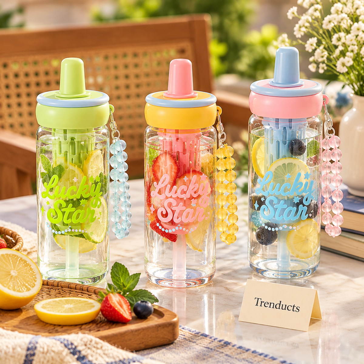 Glass Sipper Cup 630ml - Fruit Infuser with Bead Strap (Random)