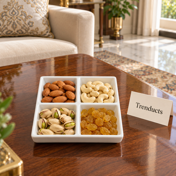 Dry fruit plate filled with almonds, cashews, pistachios and raisins | Trenducts