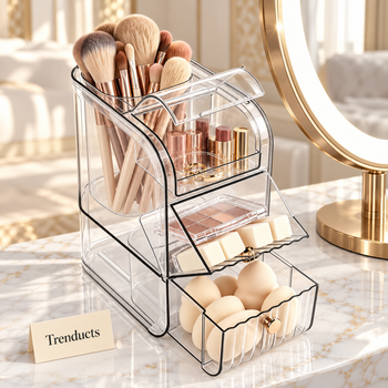 Clear makeup organizer on a dressing table | Trenducts