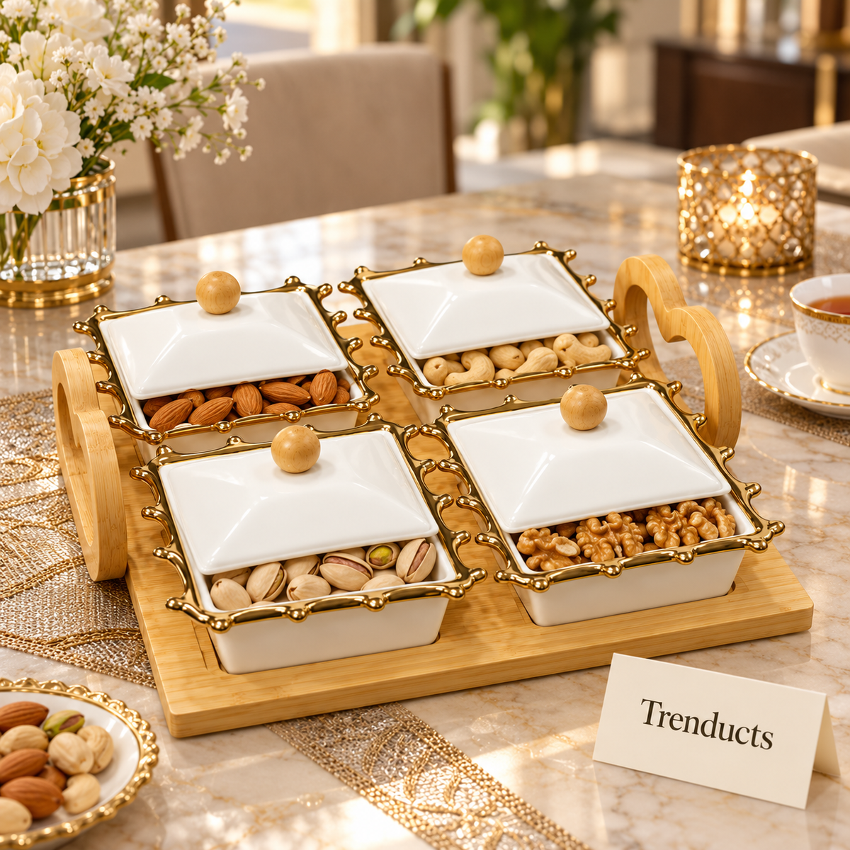 4 Pcs Ceramic Serving Dish Set with Lids and Bamboo Tray - Gold Rim