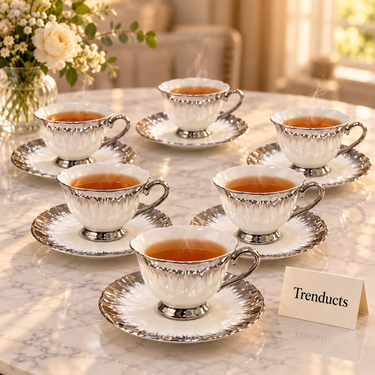 Brilliant Tea Cup and Saucer Set of 6 - Silver Brushstroke