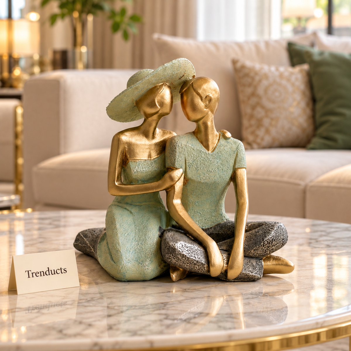 Seated Couple Statue - Sage Green & Gold Love Decor