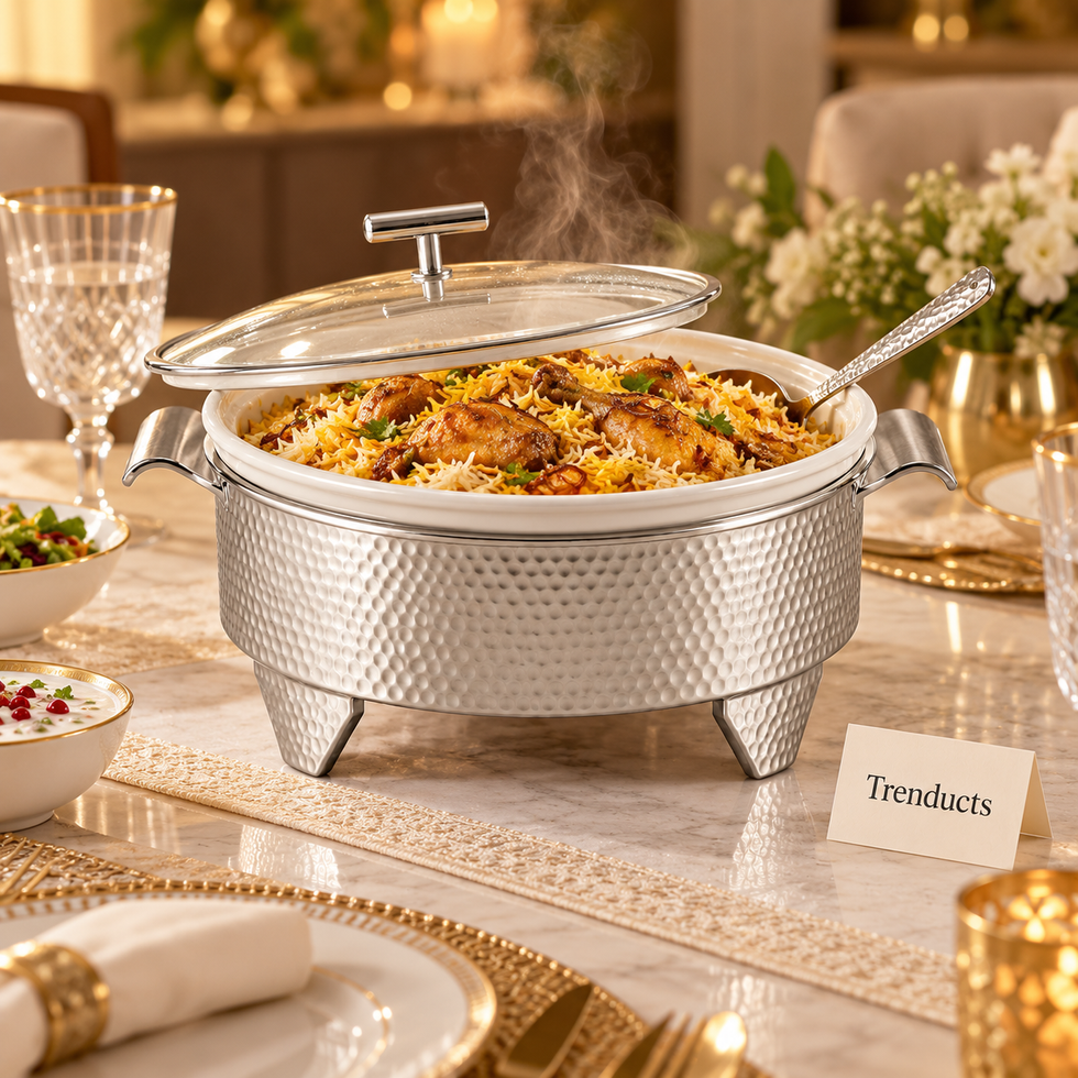 Brilliant Round Casserole with Candle Warmer - 12″ Hammered Silver