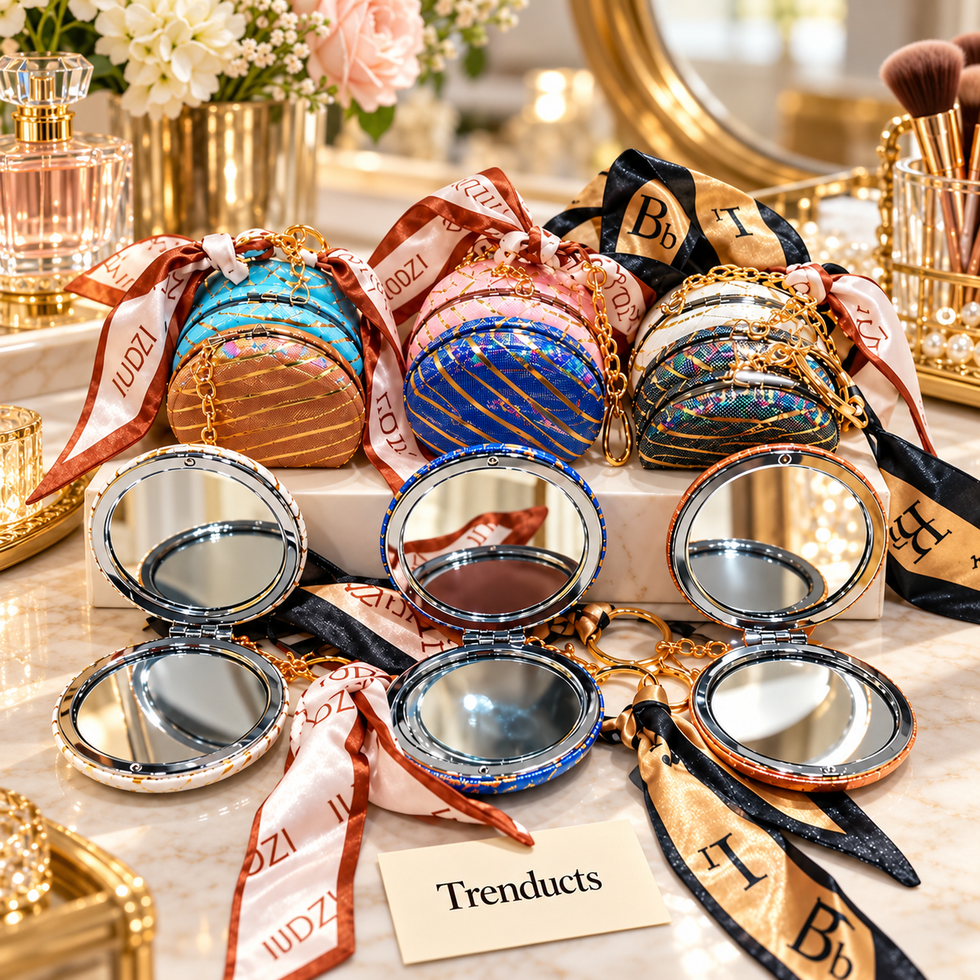 Iridescent Striped Cosmetic Pocket Mirror - Round with Chain and Scarf (each)