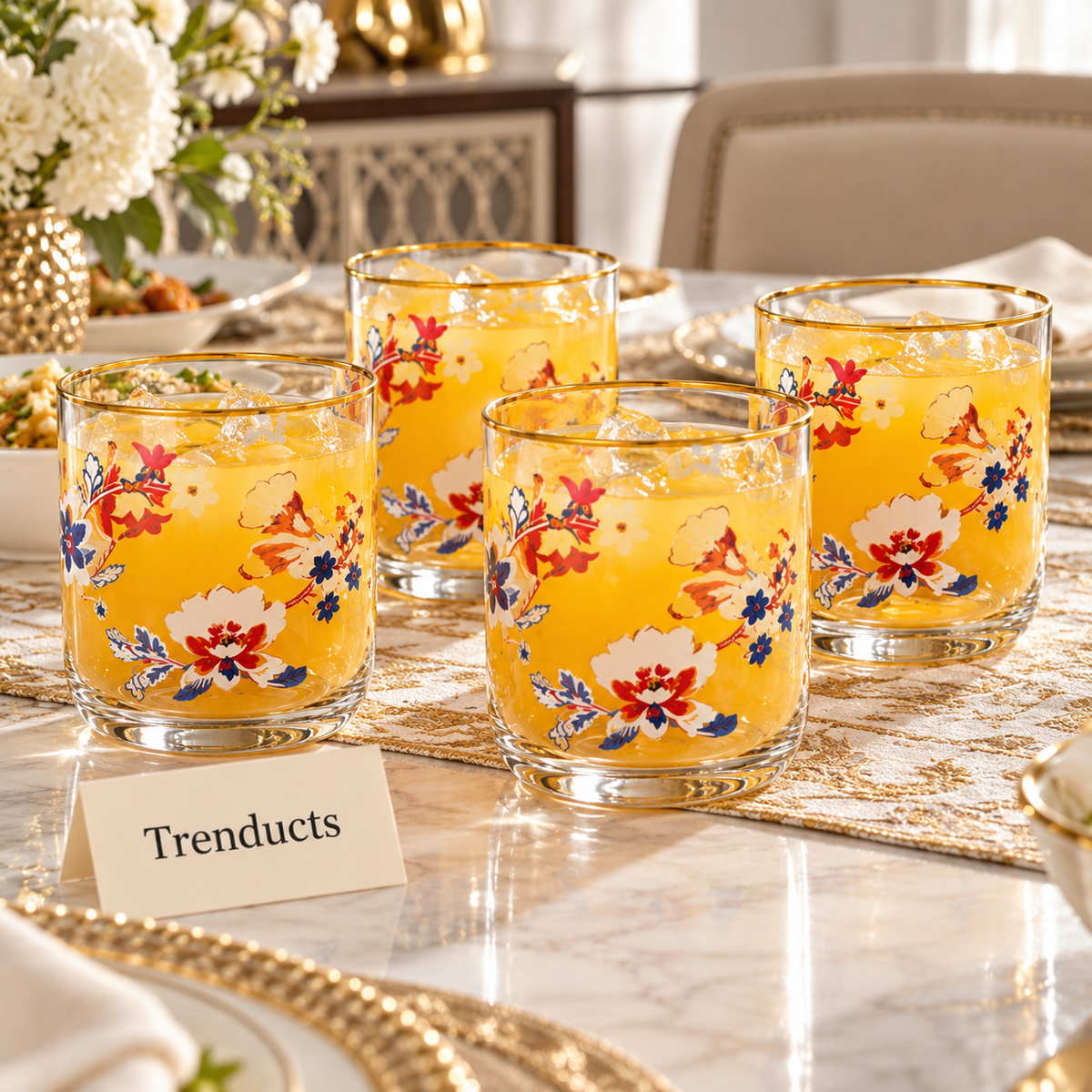 Danny Home Floral Glass Set - 4 Pcs 340ml Gold Rim