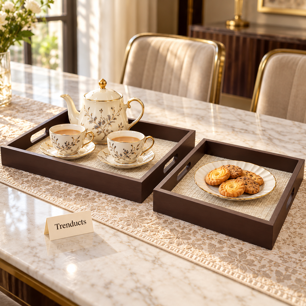 Nested Serving Tray Set - Brown Frame, Cream Woven Base