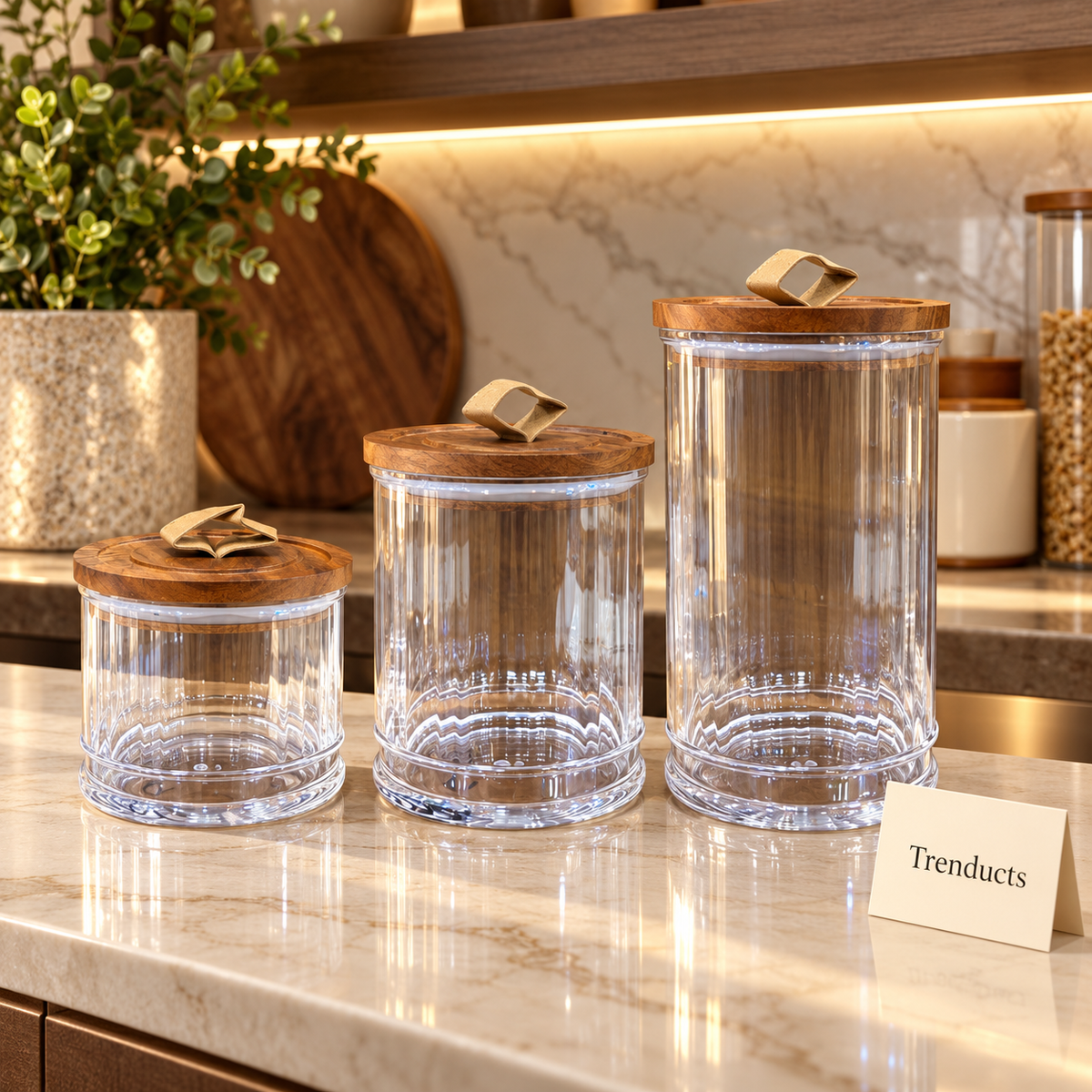 Round Acrylic Jar with Wooden Lid and Leather-Look Loop Handle