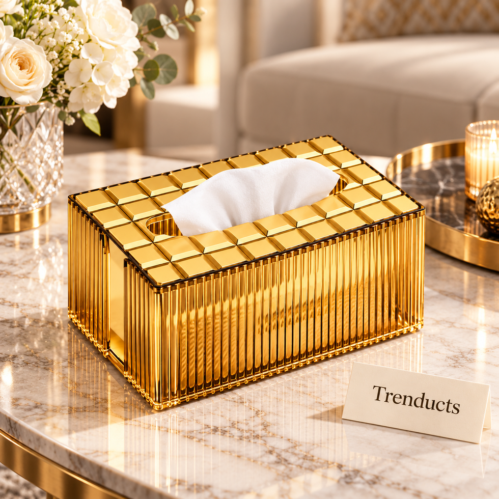 Luxury Gold Ribbed Tissue Box with Grid Pattern Lid