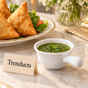 Small Sauce Dish with Handle filled with green chutney beside samosas | Trenducts