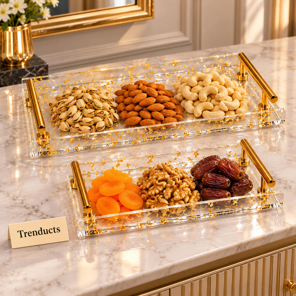 Elegant Acrylic Dry Fruit Tray Set of 2 - Gold Handles