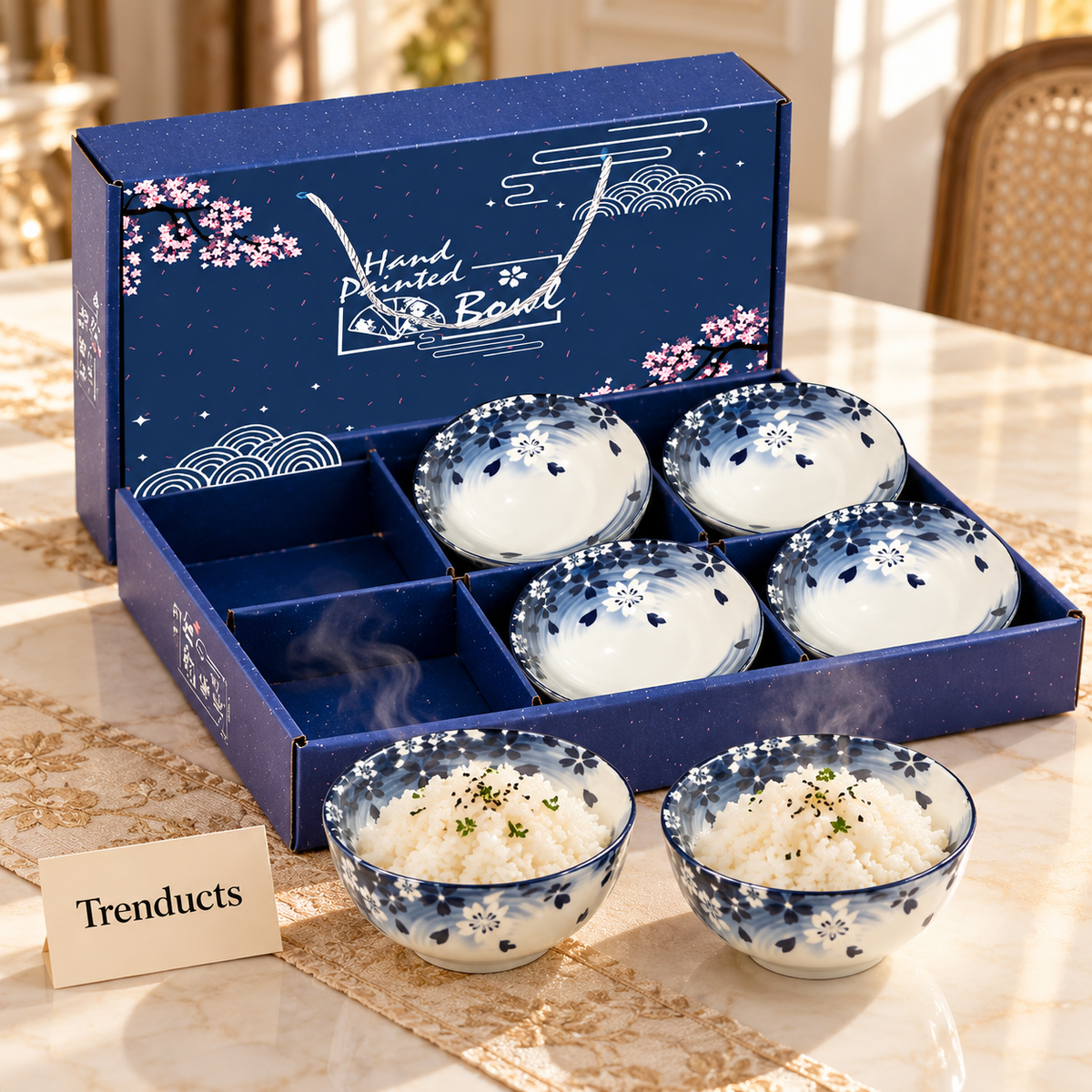 Blue Floral Bowl Gift Set of 6 - Navy Gift Box