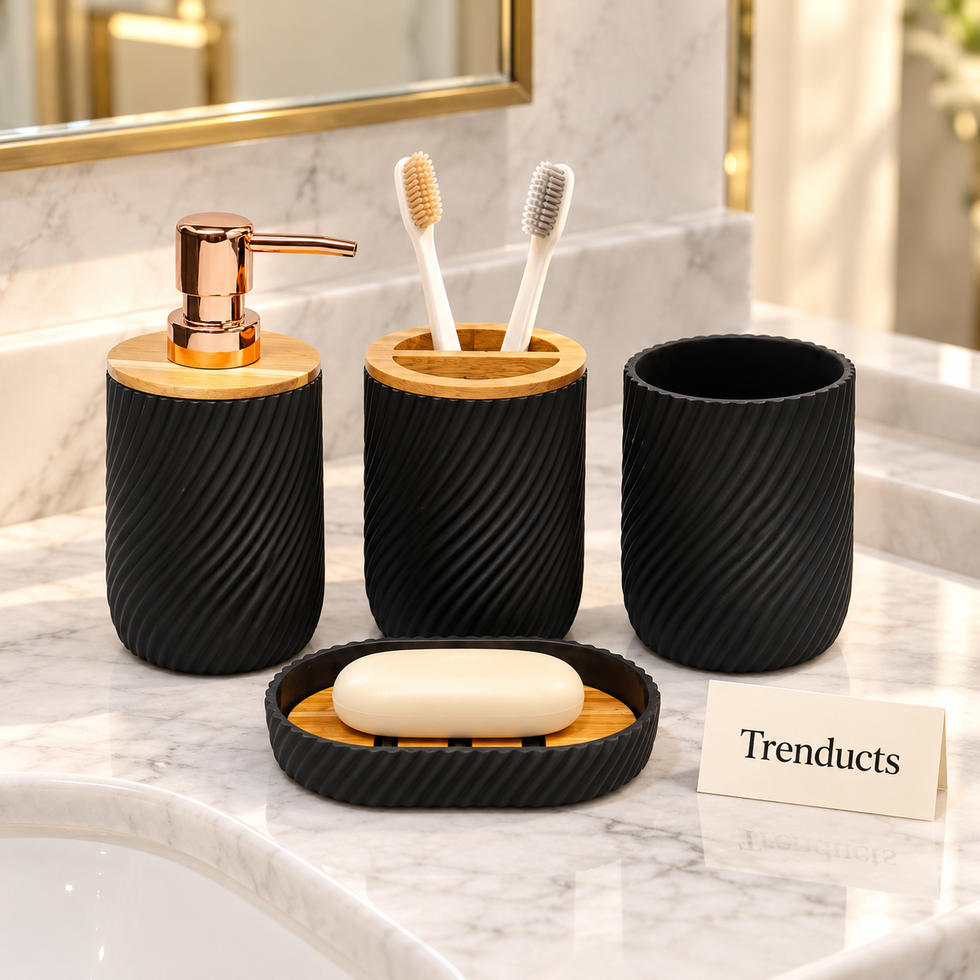 4 Pcs Bathroom Set - Black Ribbed with Wood Accents