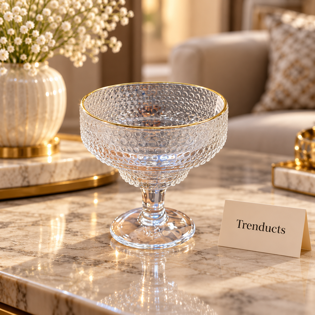 Hobnail Ice Cream Bowl Set with Gold Rim - Footed Glass - 6 Pieces Set