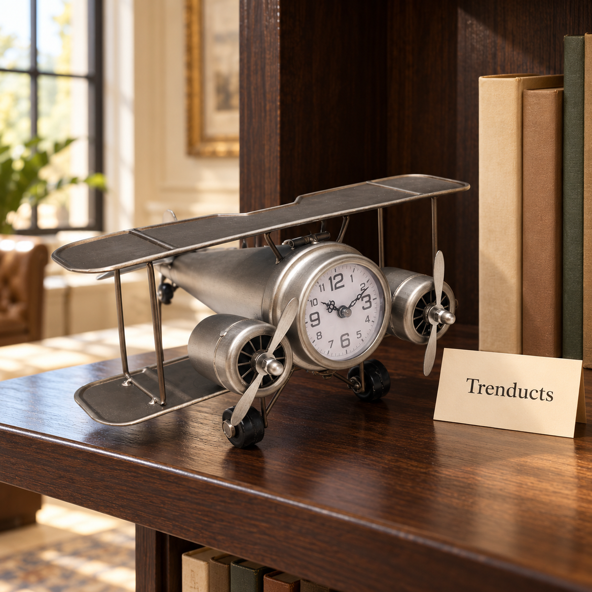 Metal Airplane Clock - Vintage Silver Biplane, 12 inch