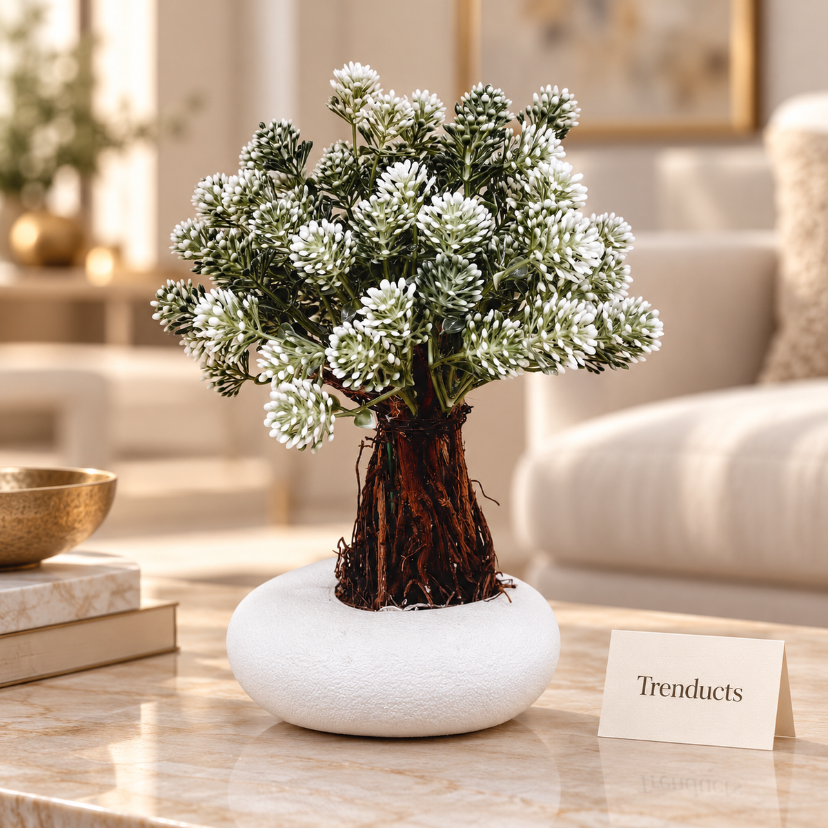 Artificial White Flower Plant with Frosted Blooms in White Pot