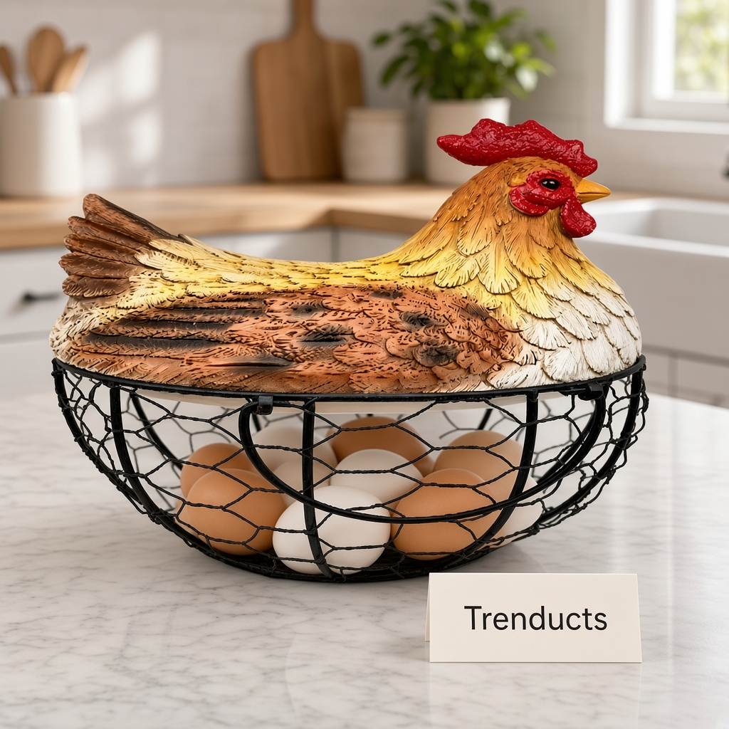Premium Metal Egg Basket with Fiber Hen Lid - Golden Brown
