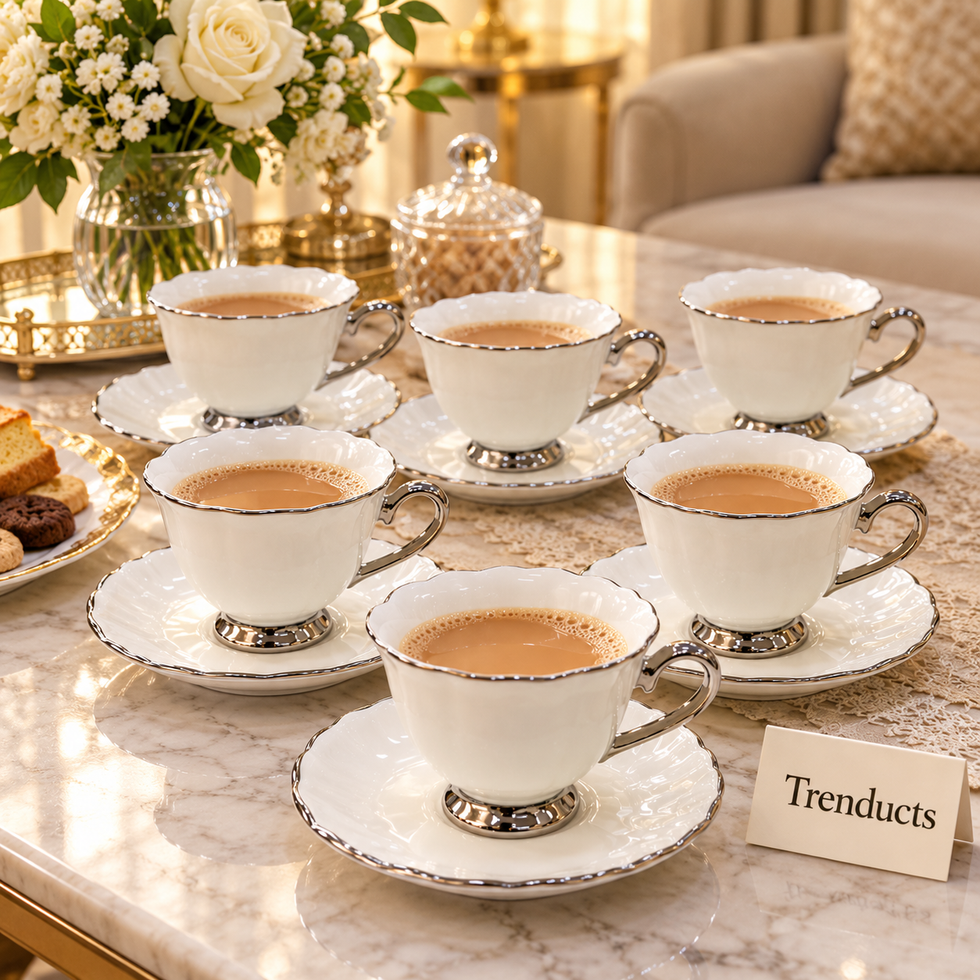 Brilliant Tea Cup and Saucer Set of 6 - Silver Rim