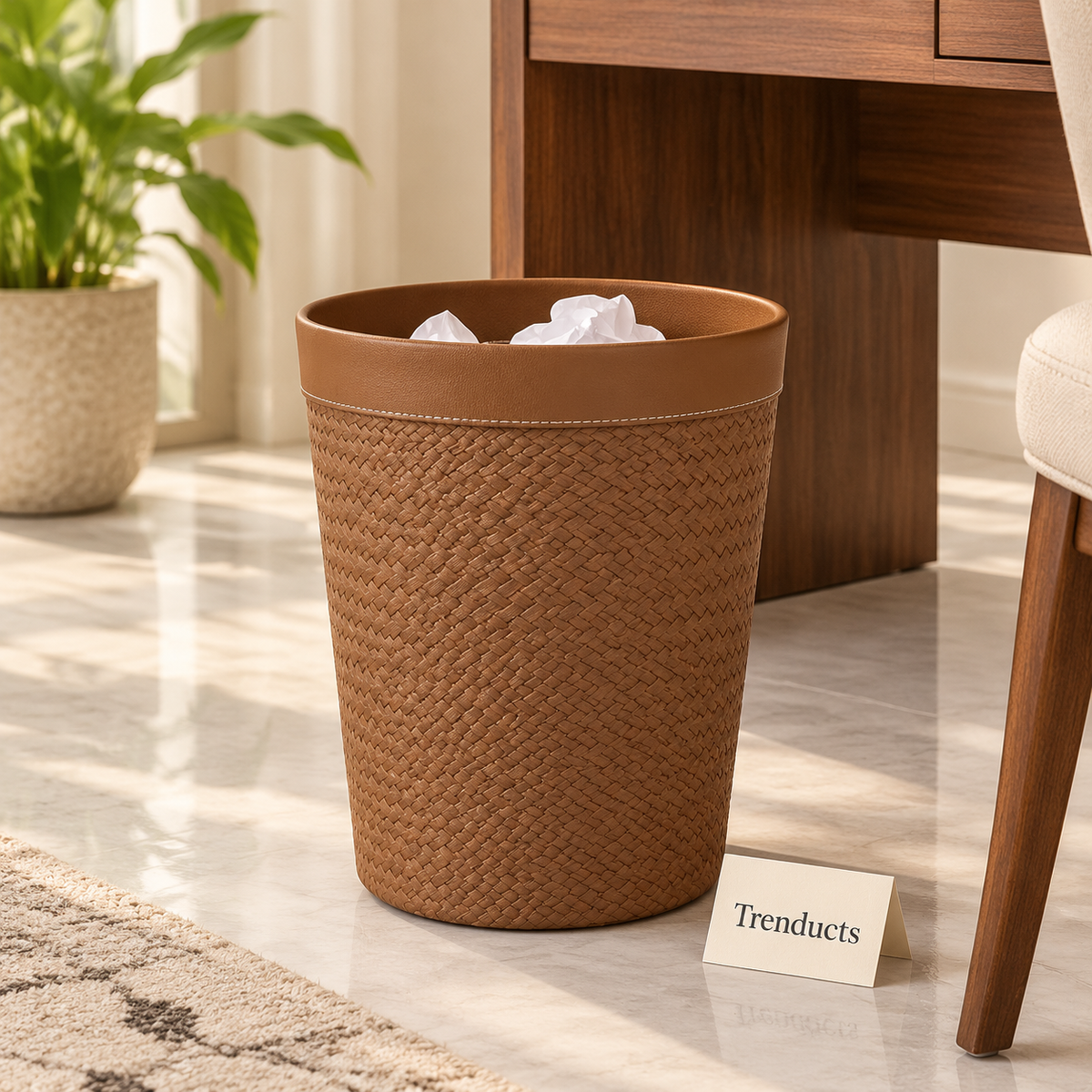 Premium Tan Braided Texture Dustbin - Round Open Top Bin