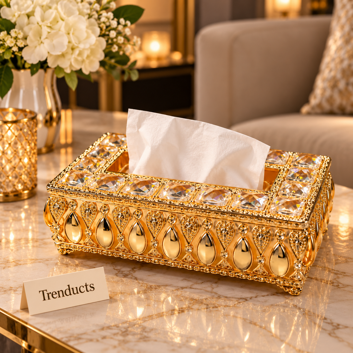 Gold Crystal Filigree LED Luxury Tissue Box Cover