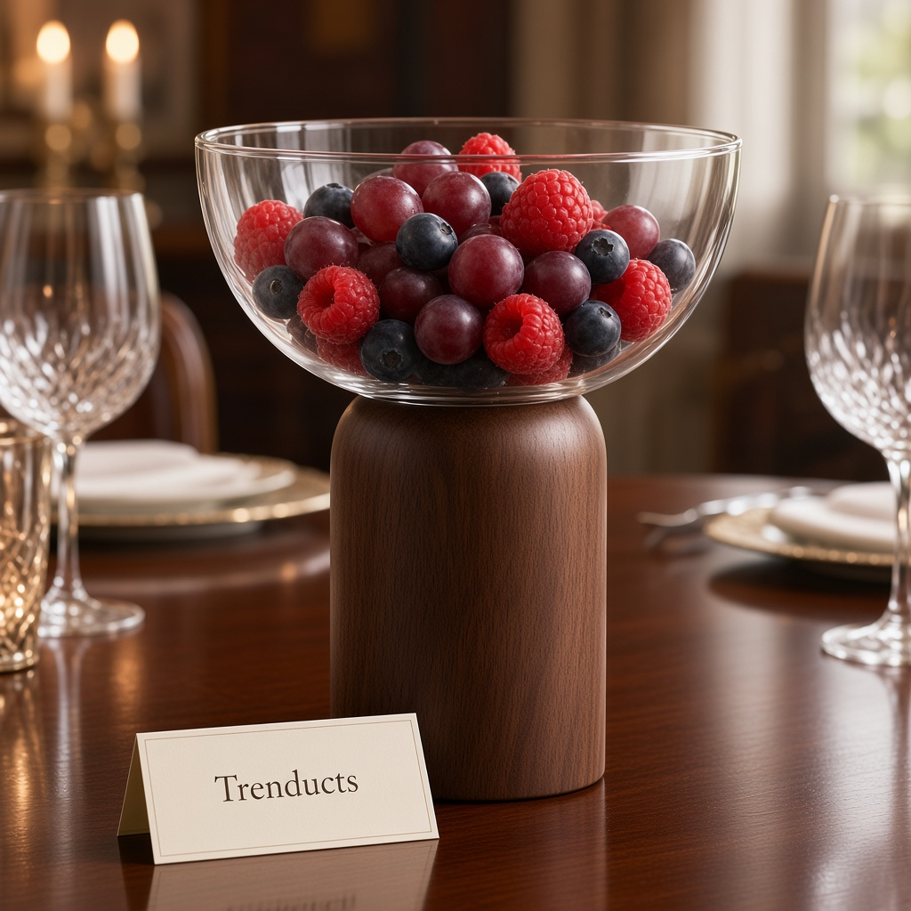 Luxury Glass Serving Bowl on Wooden Pedestal