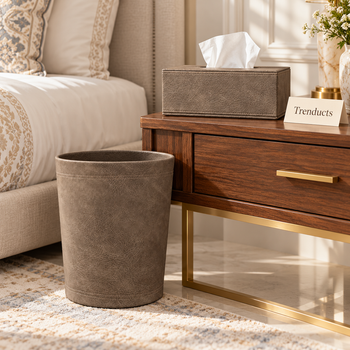 Taupe grain tissue box dustbin in a bright bedroom - Trenducts