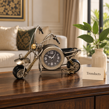 Metal Bike Clock, silver chopper, on a wooden console in a living room | Trenducts