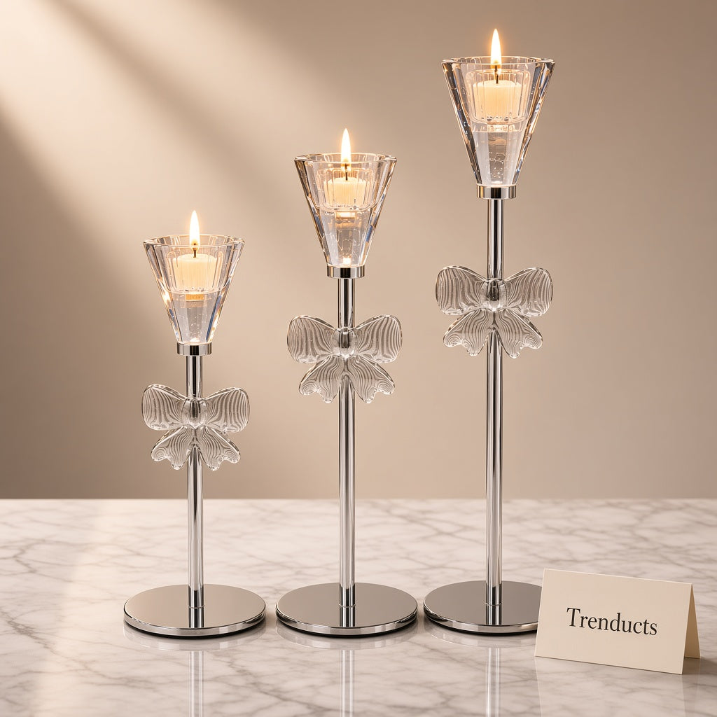 Metal Candle Stand Set of 3 with Glass Bows - Silver